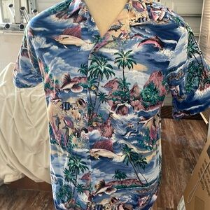 RJC sea life , palm trees, boats & fish blue medium Hawaiian